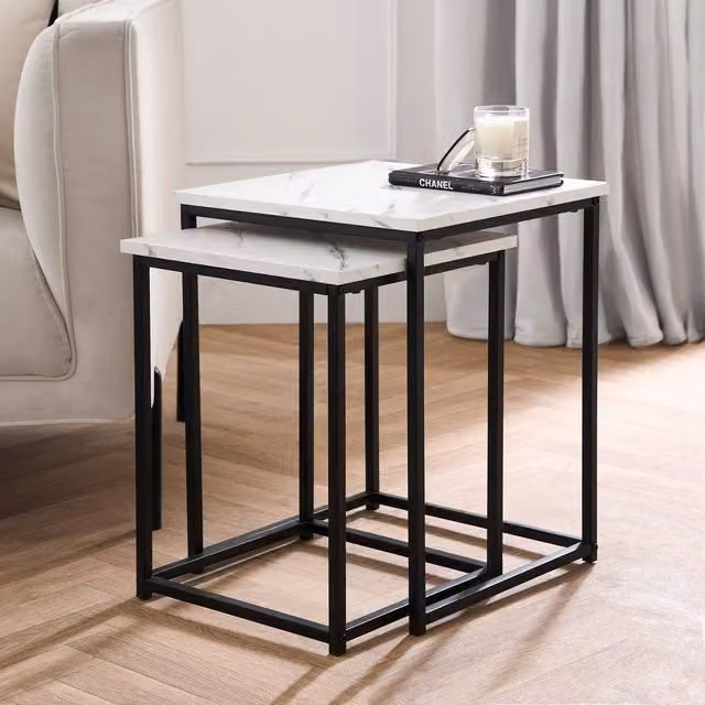 OHS Manhattan Set of 2 Square Nest of Tables in White Glossy Metal – 1