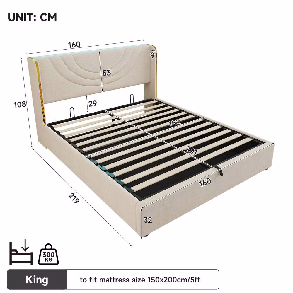 Rolipo King Size Upholstered Bed Frame in Beige with Hydraulic Storage, LED Under-Bed Lighting and USB Charging Port, W/D/H: 140 x 200 cm – 5