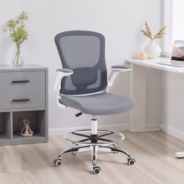 HOMCOM Ergonomic Height Adjustable Drafting Chair with Armrests and Foot Ring in Charcoal Grey