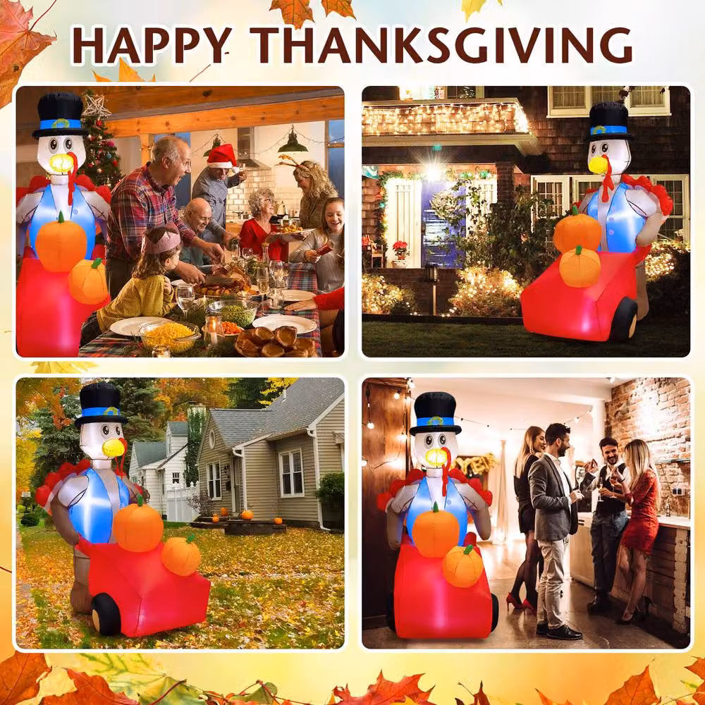 Costway 6ft Multicolour Inflatable Thanksgiving Turkey with Pumpkin Cart and Lights – 6