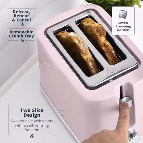 Swan Windsor Breakfast Essentials Bundle with 1.7L Rapid Boil Kettle and 2 Slice Toaster in Pink – 3