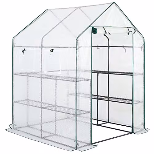 AMOS 3-Tier Portable Outdoor Walk-In Greenhouse with 8 Shelves and Waterproof PE Cover, White, H x W x D: 195 x 143 x 143 cm – 1