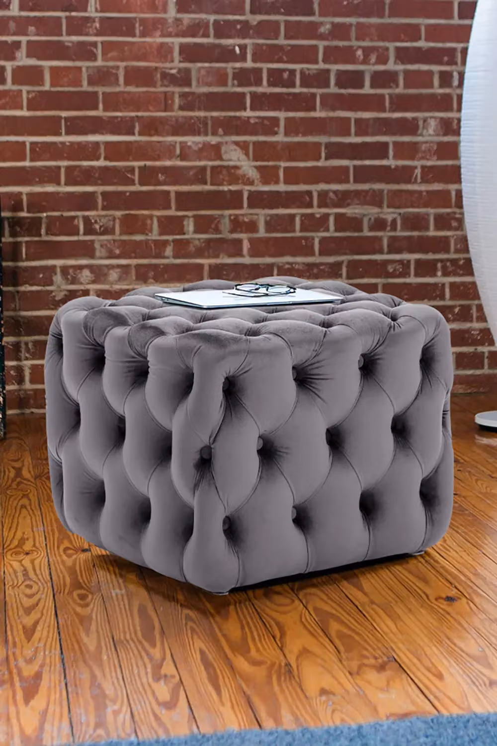 Living and Home Velvet Upholstered Buttoned Footstool in Grey – 2
