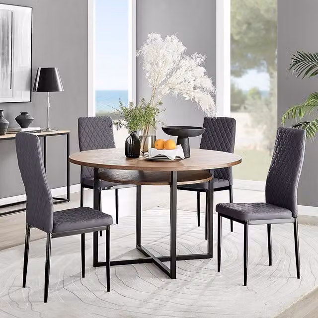 FurnitureboxUK Adley Brown Wood Round Dining Table and 4 Grey Velvet Milan Chairs with Black Legs