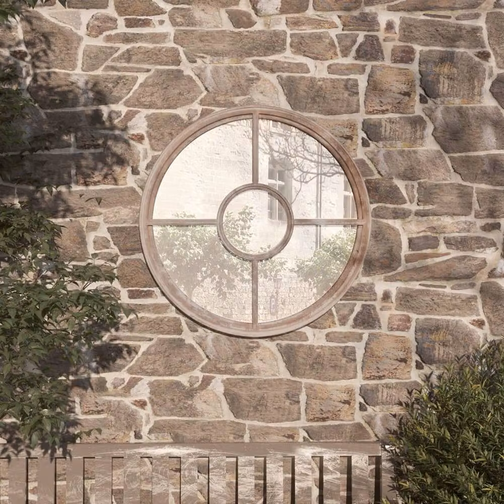 Berkfield Home Round Decorative Garden Mirror in Sand Beige, Metal and Glass, Diameter: 60 cm, Depth: 4 cm – 2