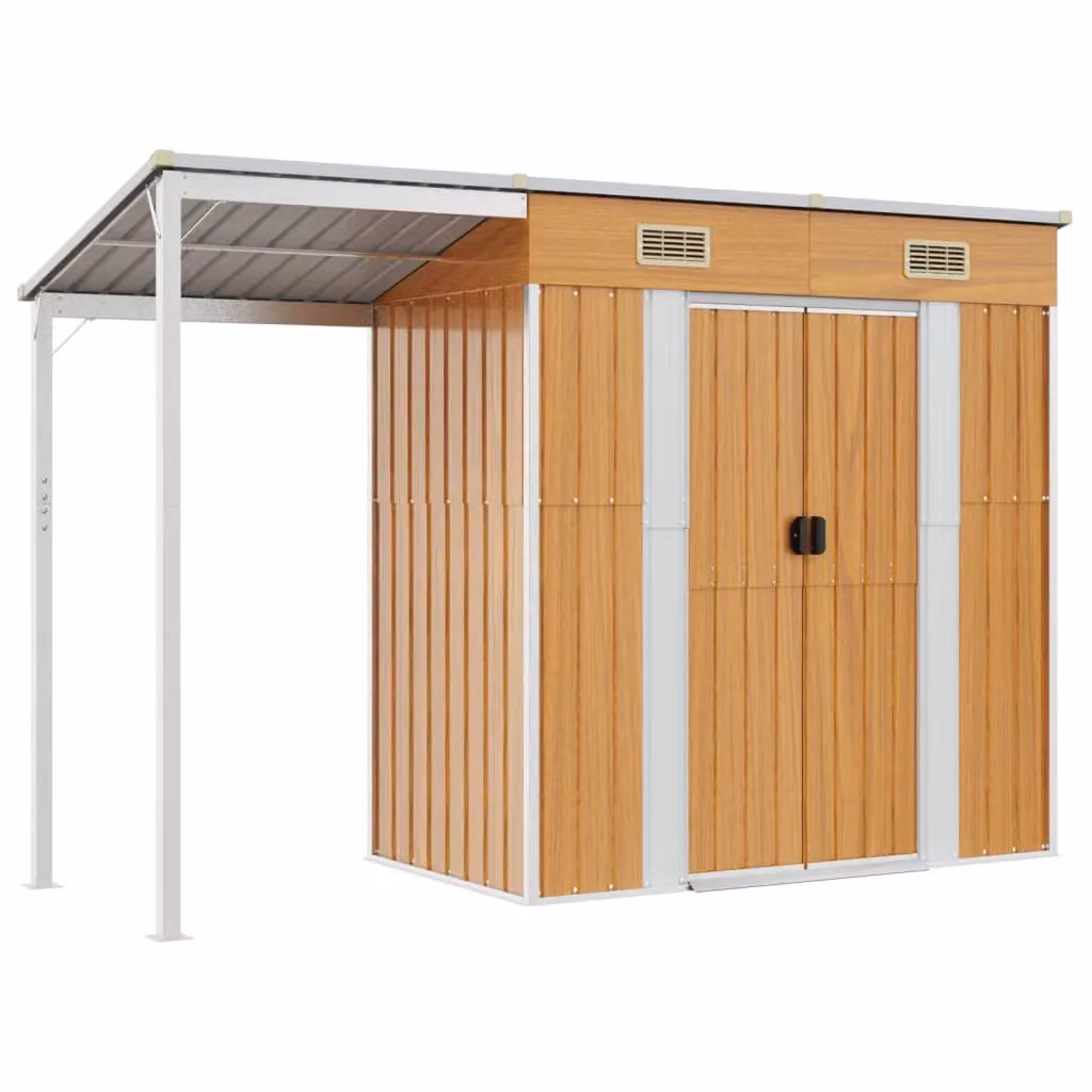 Berkfield Home Brown Steel Garden Pent Shed with Window and Side Vent, W/D/H: 277 x 110.5 x 181 cm