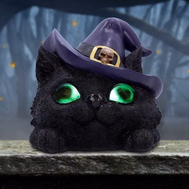 Nemesis Now Familiar Grin Black Cat with Light Up Green Eyes, Height: 13.8 cm