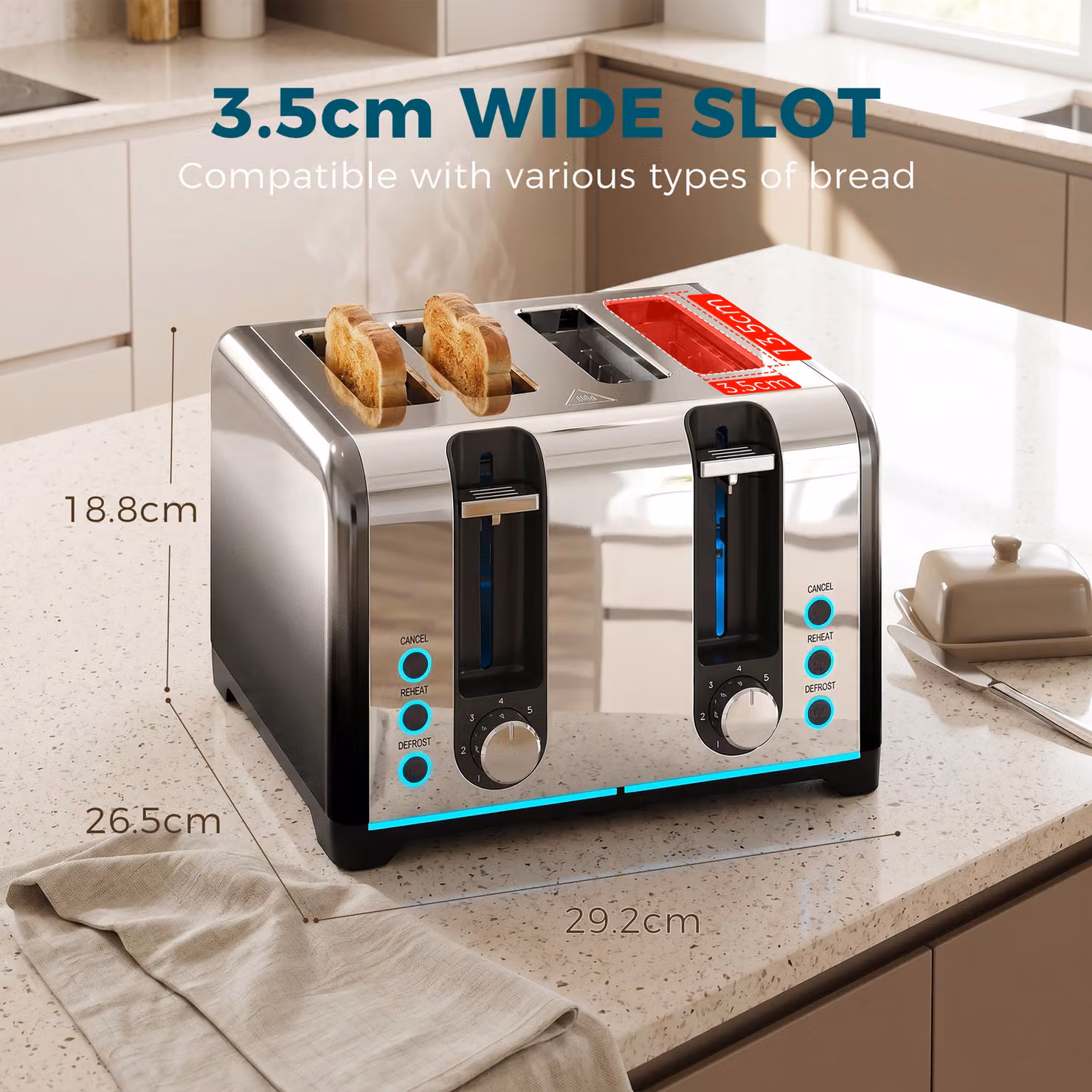 HOMCOM 4 Slice Stainless Steel Toaster in Silver with 7 Browning Levels, Reheat, Defrost and Cancel Functions – 3
