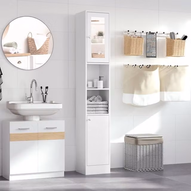 Kleankin Modern Freestanding White Bathroom and Hallway Storage Cabinet with Mirror and Internal Shelves