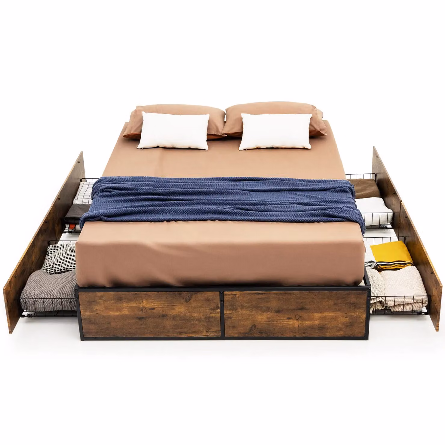 Costway Double Iron Bed Frame with 4 Underbed Storage Drawers in Brown, W/D/H: 140 x 200 cm – 2
