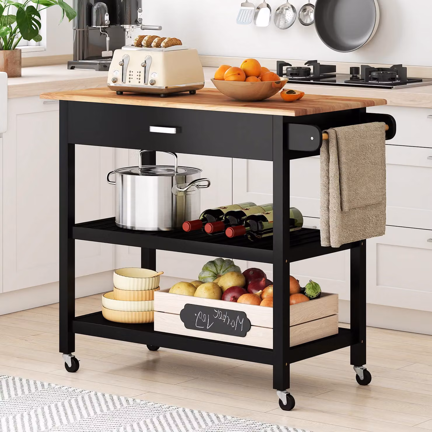Costway 3-Tier Rolling Kitchen Island Utility Cart with Wood Countertop in Black – 3