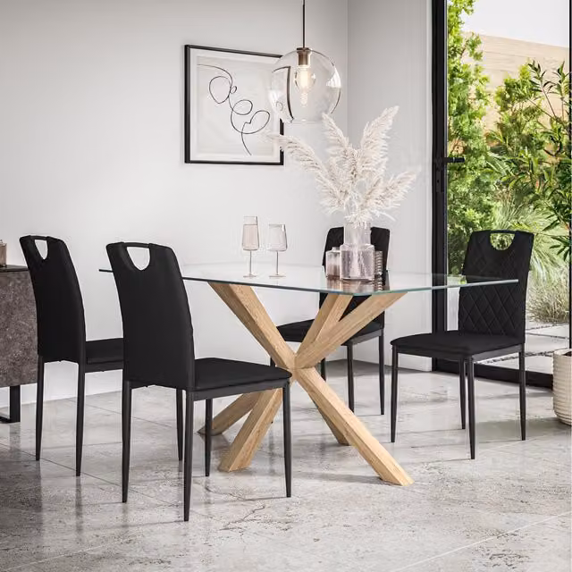 More4Homes Etta Glass Dining Table Set with Solid Oak Legs and 4 Black Monza Faux Leather Chairs