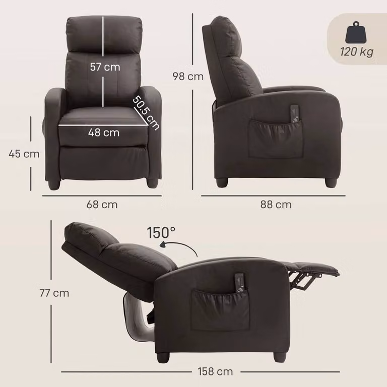 FORGEVIO Brown PU Leather Recliner Massage Armchair