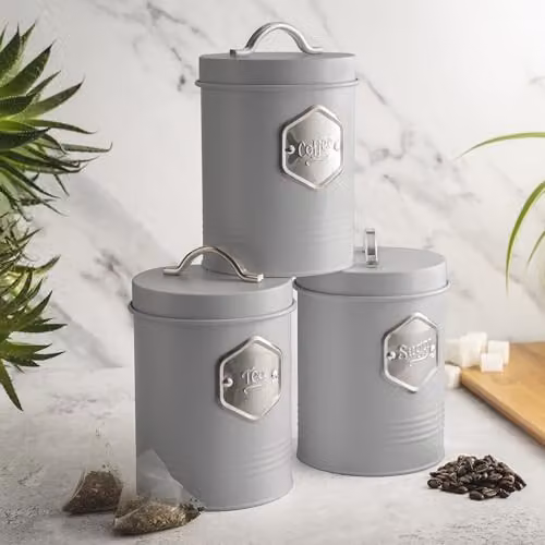 Cooks Professional 3-Piece Airtight Tea, Coffee and Sugar Canister Set in Grey with Silver Labels – 4