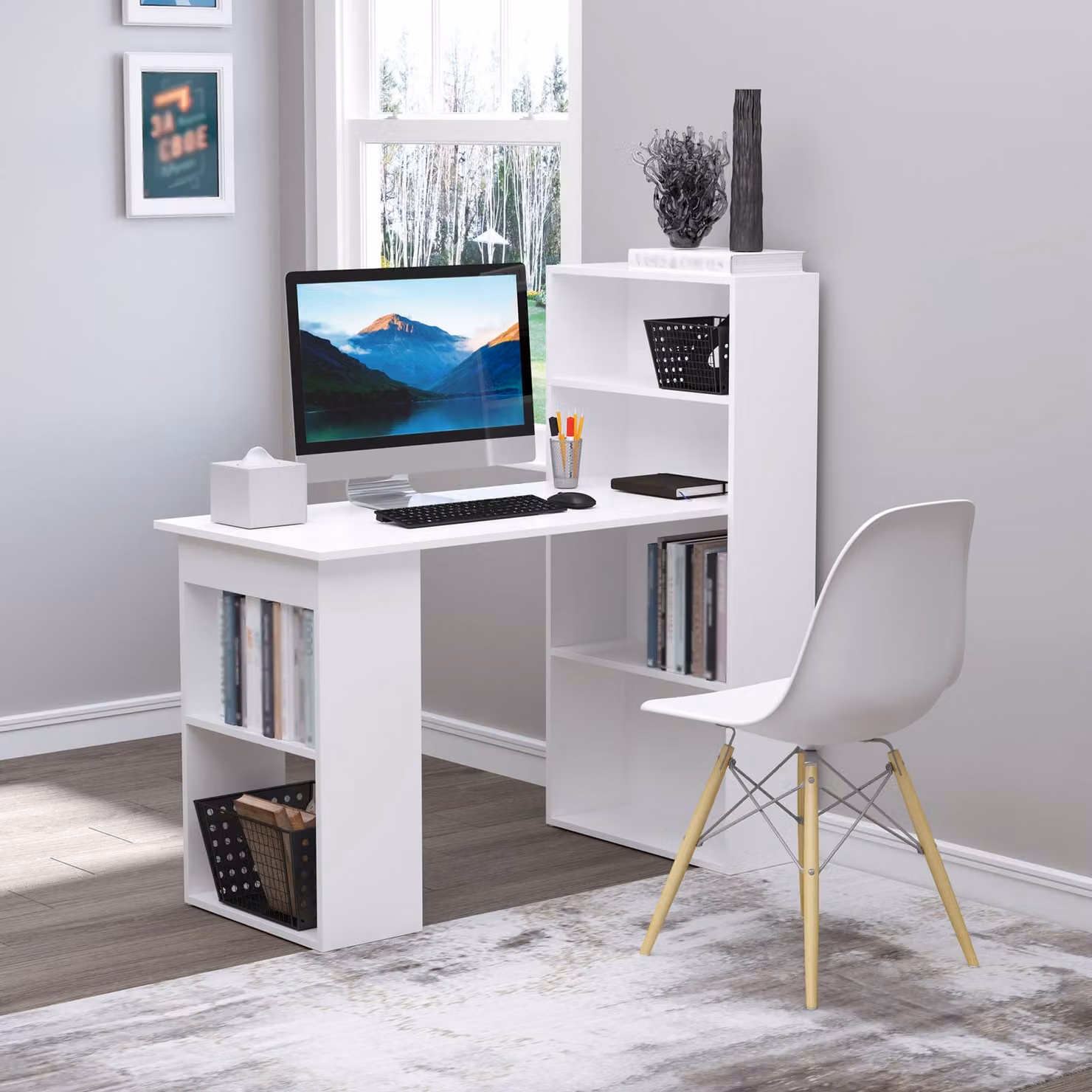 HOMCOM Modern Computer Desk and Bookshelf with 6 Shelves, White – 4