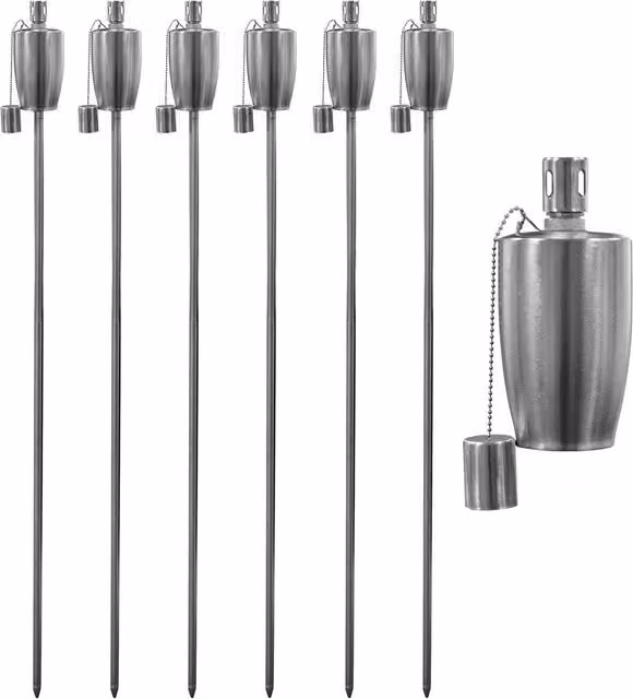 Harbour Housewares Silver Metal Barrel Garden Torches with Ground Spike, Pack of 6