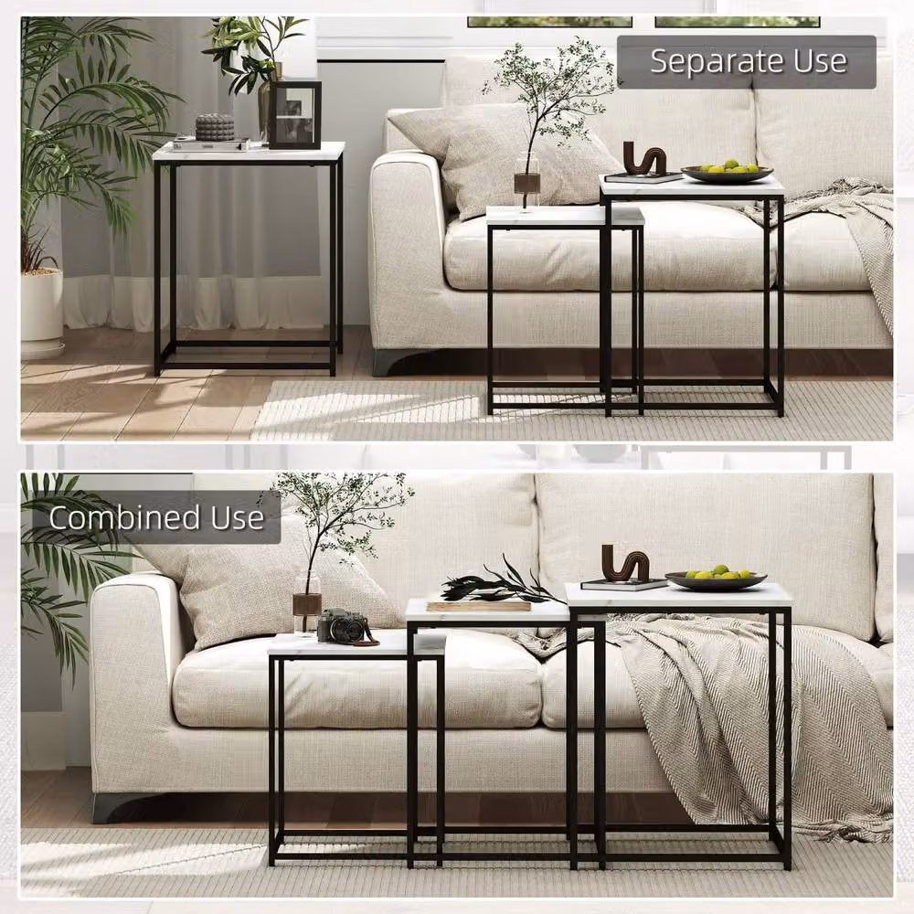 Wyld Haus Rekaco Set of 3 White Marble Effect Nesting Tables with MDF and Metal Construction – 3