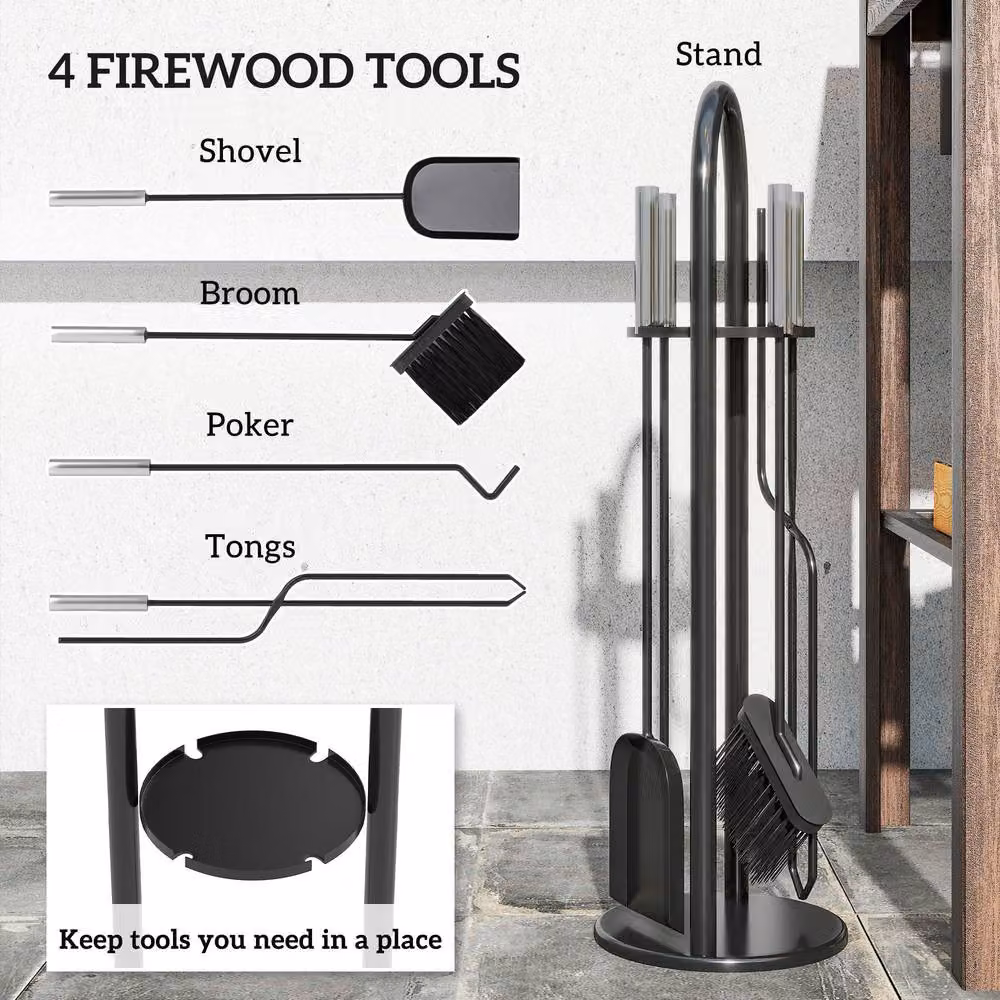 STILVORA Black Metal Freestanding Fireplace Tools Set with Stand – 6