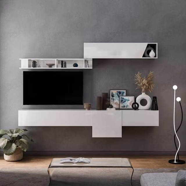 Decorotika Leiden Wall Mounted Minimalist Entertainment Center in High Gloss White