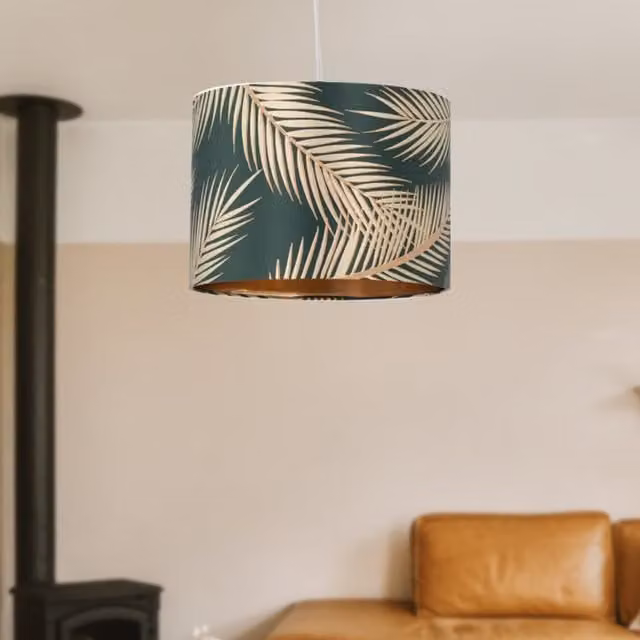 First Choice Lighting Tropica Dark Green and Gold Embossed Fabric Ceiling Pendant Lamp Shade, Diameter: 25 cm – 1