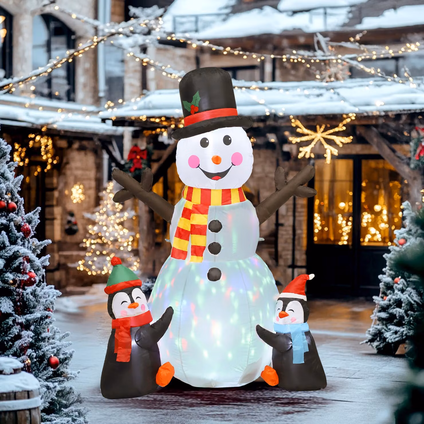 Outsunny 6ft Christmas Inflatable Snowman and Penguins with Built-in LED Lights and Flashing Projector, Multicolour Indoor and Outdoor Decoration – 2
