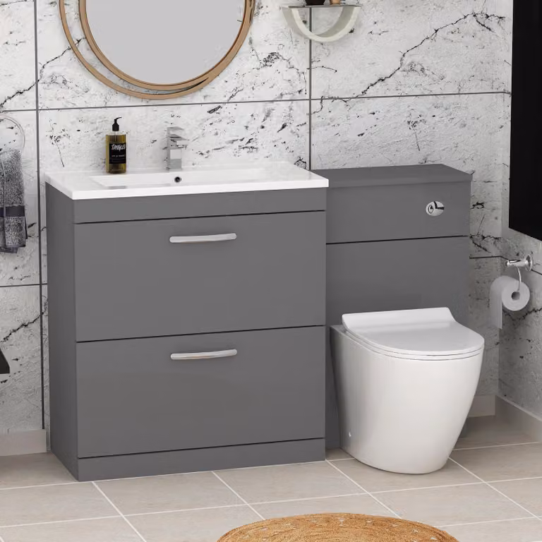 Royal Bathrooms Indigo Grey Gloss 2 Drawer Furniture Pack with Minimalist Basin and Slim Elva Back to Wall Toilet, W: 130 cm
