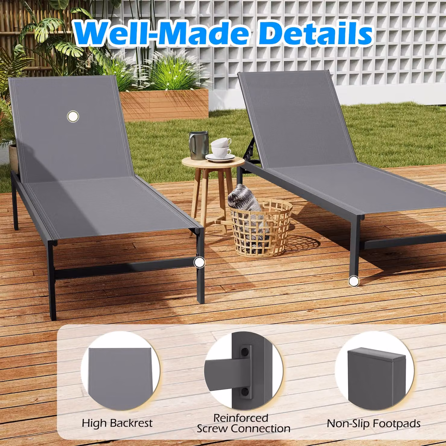 Gymax Aluminium Chaise Lounge Chair Patio Recliner with Adjustable Backrest in Grey – 2