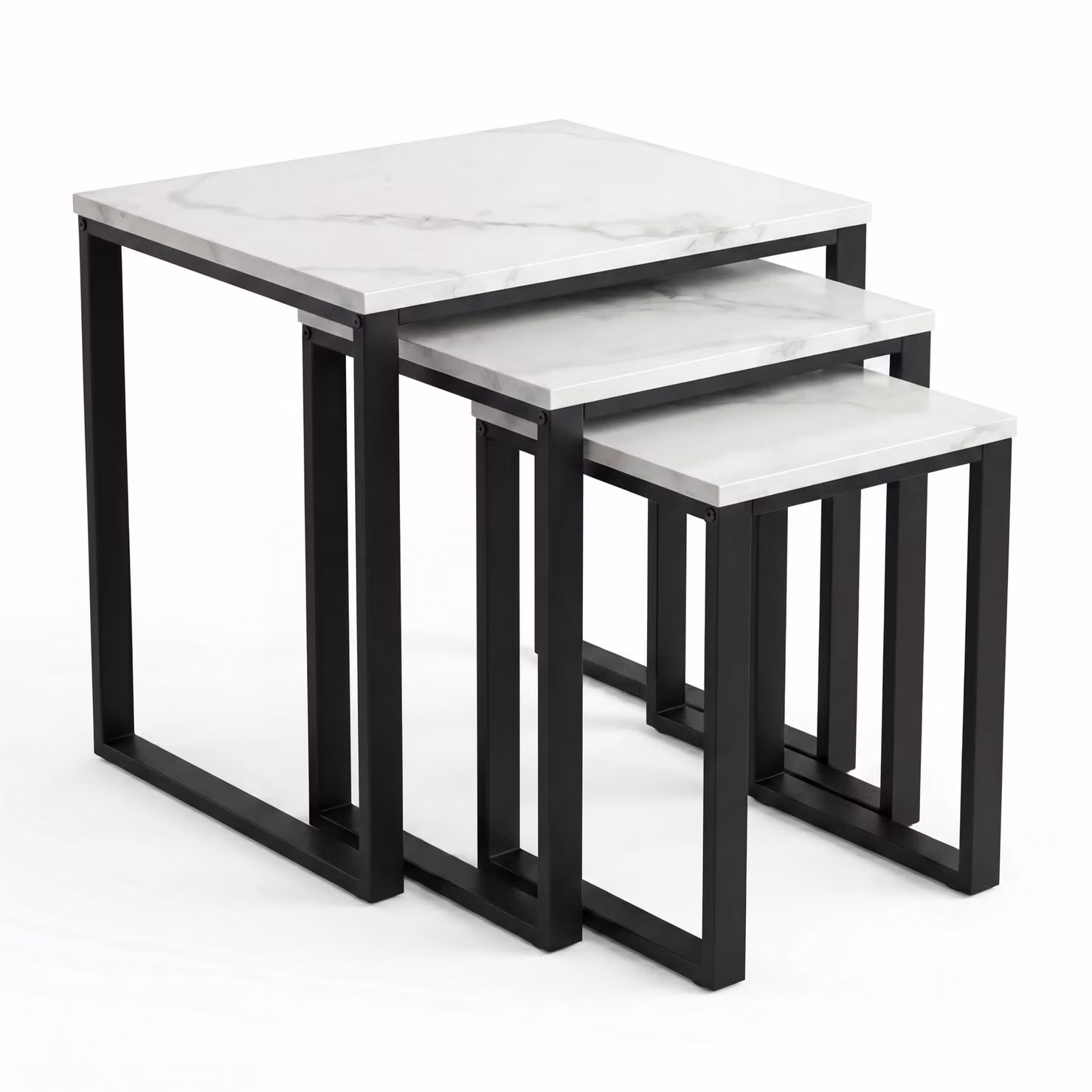 Stackora Nest of 3 Tables with White and Black Marble Finish and Metal Frame