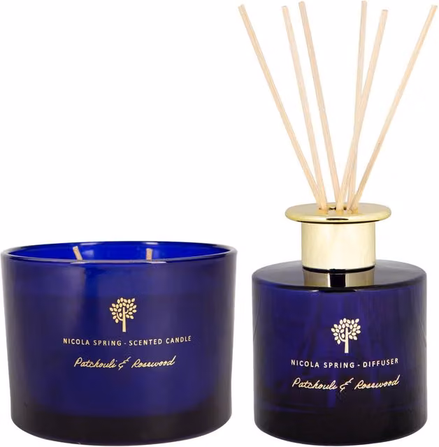 Nicola Spring Patchouli & Rosewood Scented Candle and Reed Diffuser Set in Blue, 350g Soy Wax Candle and 200ml Diffuser – 5