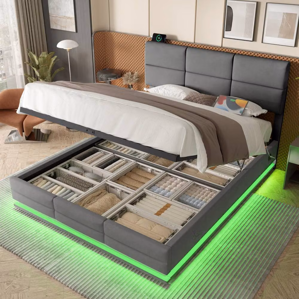 STILVORA King Size Upholstered Bed Frame in Grey with Under-Bed LED Lighting, USB Charging Ports and Lift-Up Storage Base, W/D/H: 180 x 200 cm – 2
