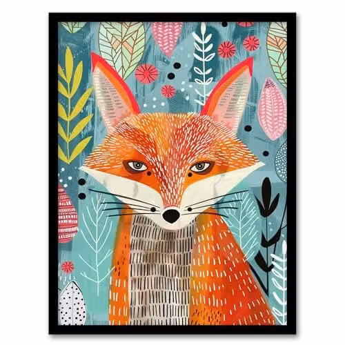 Artery8 Devious Fox in Garden Folk Art Framed Wall Art Print, Multicolour, W: 21.0 cm, H: 29.7 cm – 1