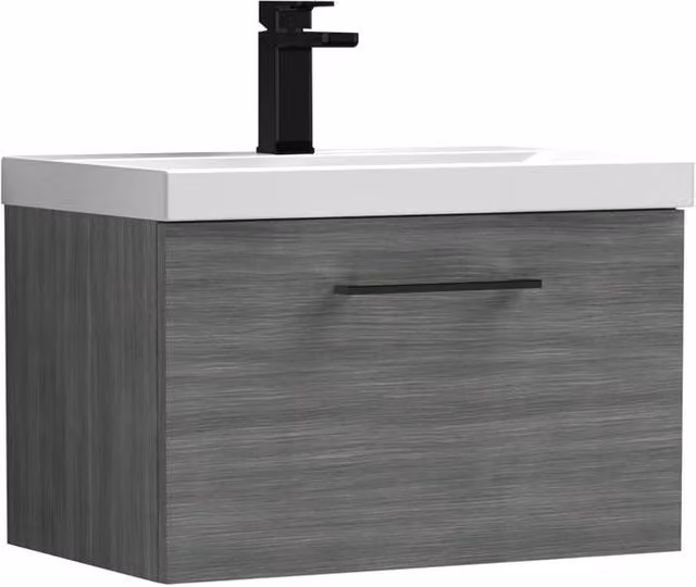 Balterley 600mm Wall Hung 1 Drawer Vanity in Woodgrain Anthracite with Black Handle in Grey