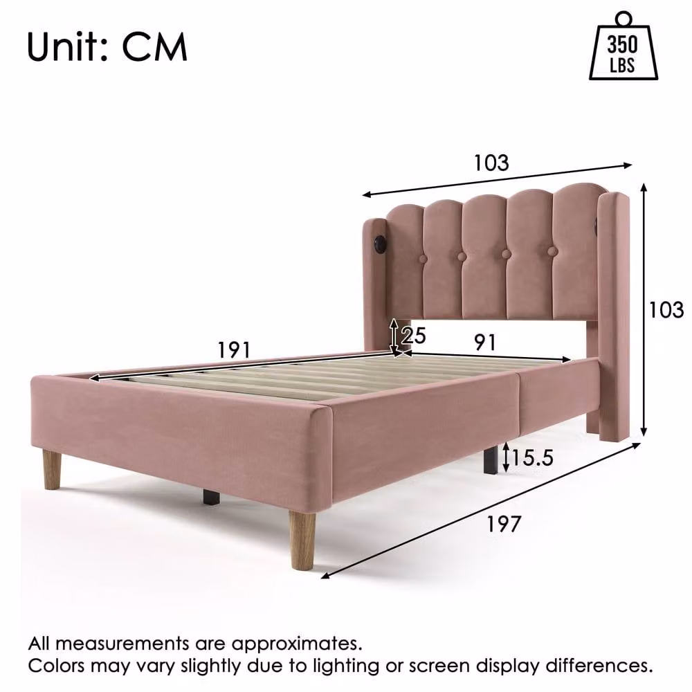 Merax 3ft Single Upholstered Velvet Bed Frame with Wingback and USB Charging Station, Pink, W/D/H: 90 x 190 x 103 cm – 2
