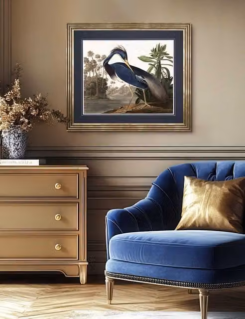Gallery Direct Louisiana Heron Rectangular Framed Nature Illustration in Blue, Green, Gold and Multicolour
