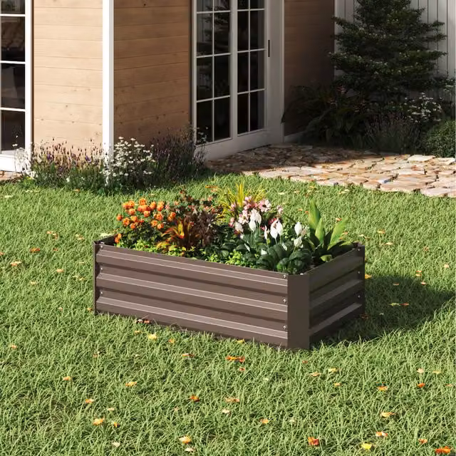 Livingandhome Brown Metal Square Raised Garden Bed for Herbs and Vegetables