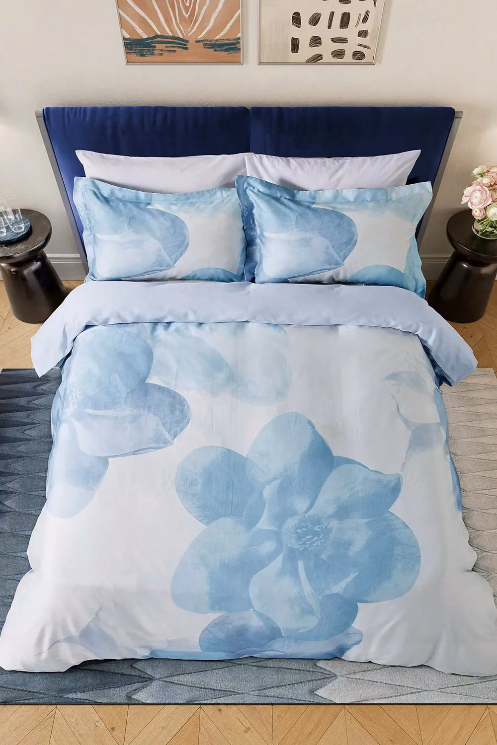 Ted Baker Photo Magnolia Cotton Mako Satin Duvet Cover and Pillowcase Set, Blue and White, W/D/H: 180 x 200 cm – 4