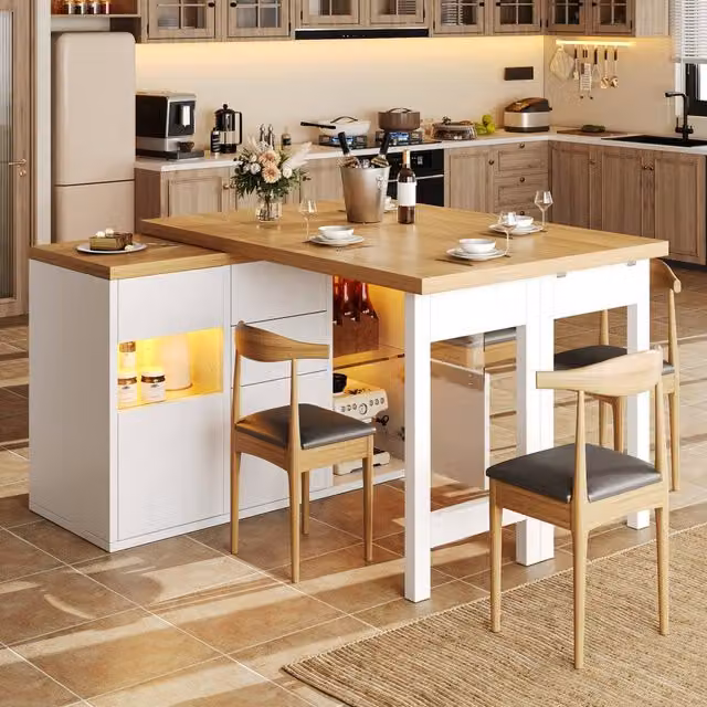 Merax White Extending Kitchen Island Dining Table with LED and Glazed Doors