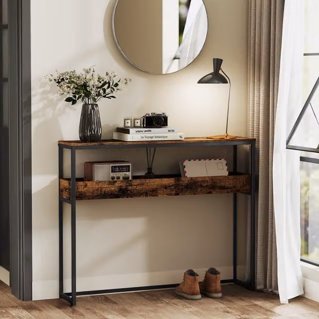 VASAGLE 2-Tier Narrow Console Table with Semi-Open Compartments, Brown
