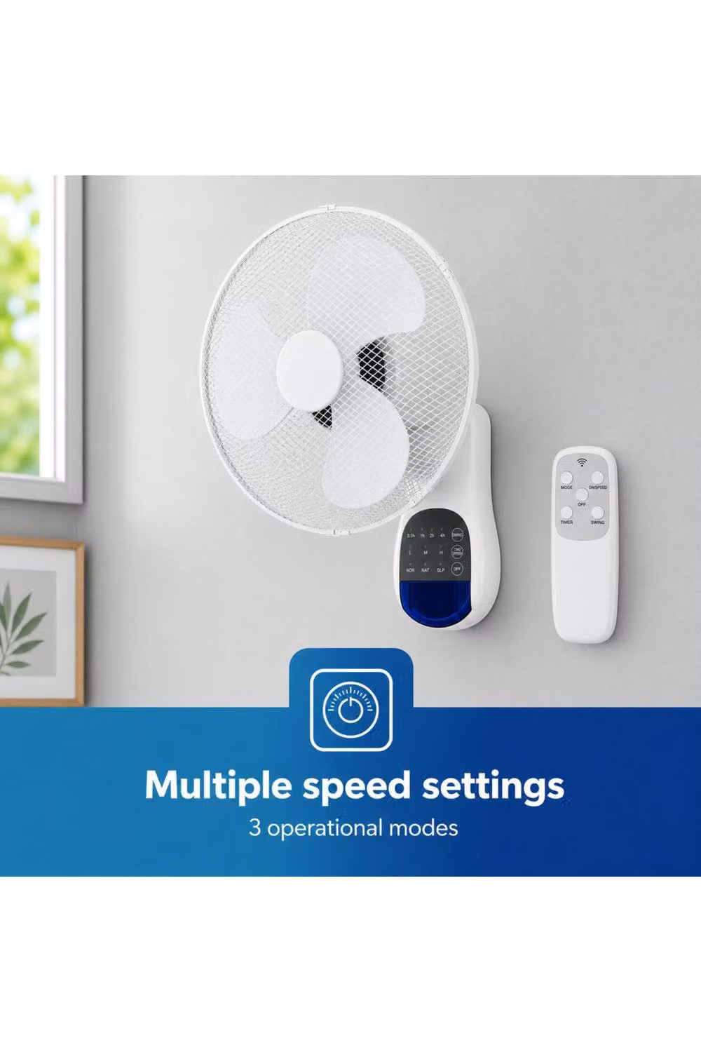 Dyzi 16 Inch Wall Fan with Remote Control, 3 Speed and Oscillation, White – 2