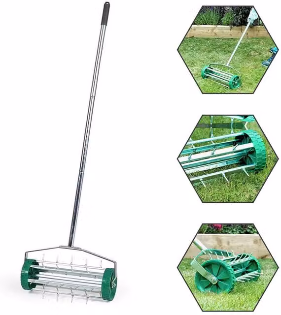 Havendro Manual Gardening Lawn Aerator Grass Roller with Adjustable Handle in Green