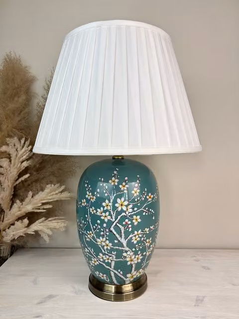 Downton Interiors Teal Blossom Ceramic Table Lamp with Pleated Shade in Blue, Green and White with Gold/Brass Accents