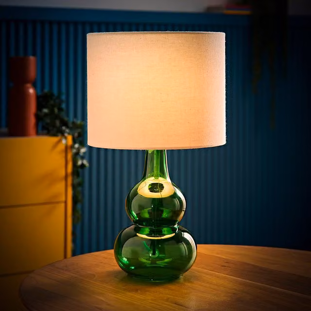 ValueLights Aida Bubble Glass Table Lamp with Linen Shade and LED Bulb in Green