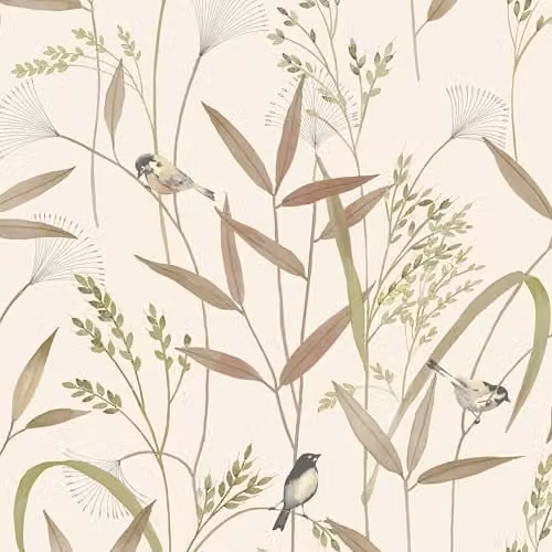 Grandeco Azuria Birds and Grasses Textured Botanical Wallpaper in Beige