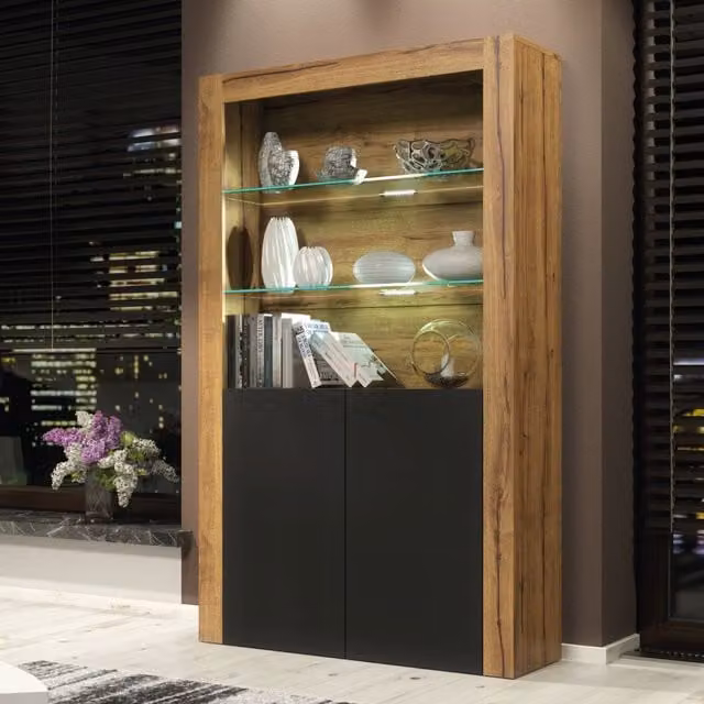 Mex Furniture LTD Modern Brown Display Cabinet with LED Lights and Matte Glass Doors, H 170 x W 100 x D 35 cm