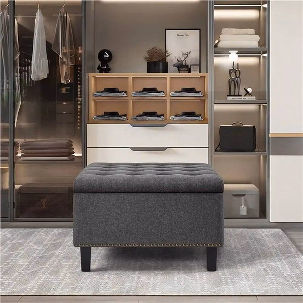 KORVIXA Classic Linen-like Upholstered Entryway Bench in Grey, W/D/H: 100 x 100 x 45 cm – 4
