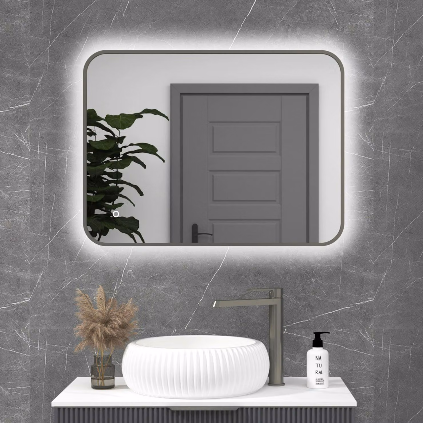 Royal Bathrooms Luton Rectangular Backlit LED Framed Illuminated Bathroom Mirror in Gun Metal Grey, W: 60 cm, H: 80 cm, with Touch Sensor and Anti-Fog