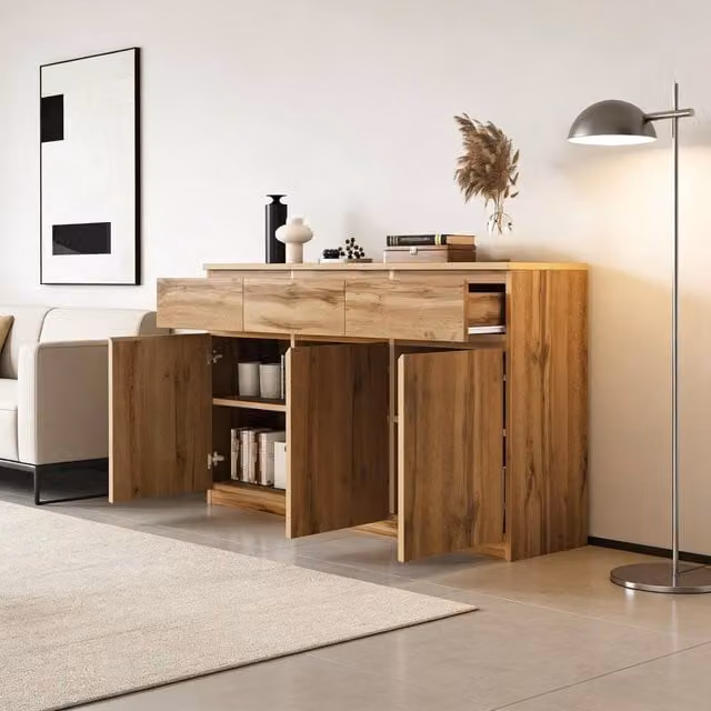 BTM Modern Oak Buffet Cabinet in Brown with 3 Drawers and 3 Doors, W/D/H: 135 x 40 x 81 cm