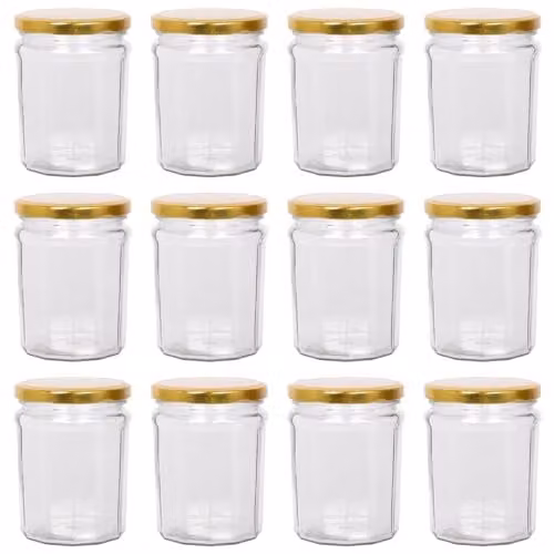 Argon Tableware Glass Jam Jars with Airtight Gold Lids, 380ml, Pack of 12