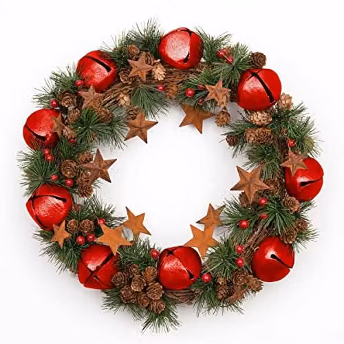 Shatchi Christmas Wreath with Stars and Leaves in Red, Green or Multicolour, Diameter: 40 cm
