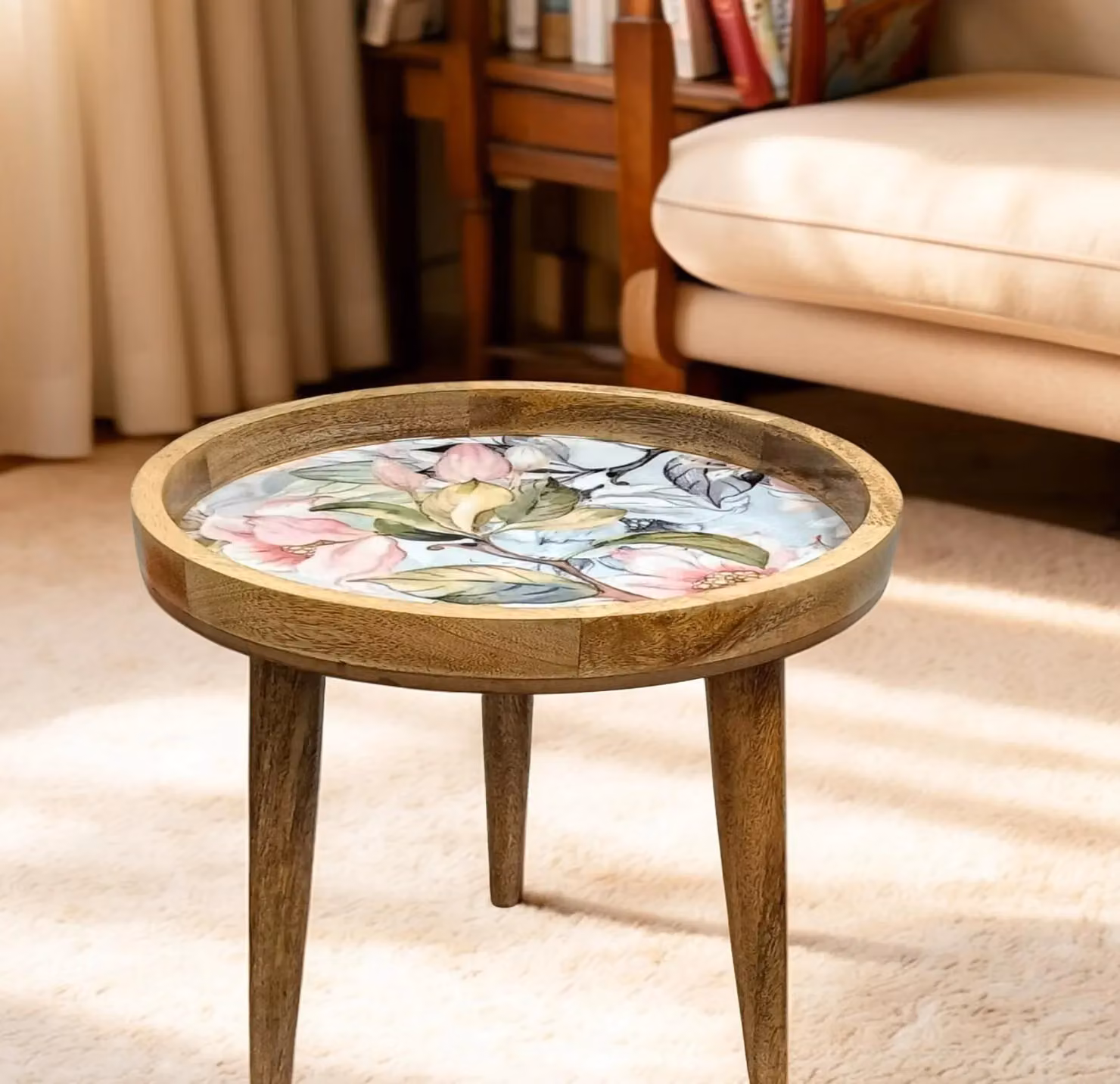 Hartsmede Handmade Round Side Table in Solid Mango Wood with Rose Gold Spring Flower Design and Detachable Legs – 5